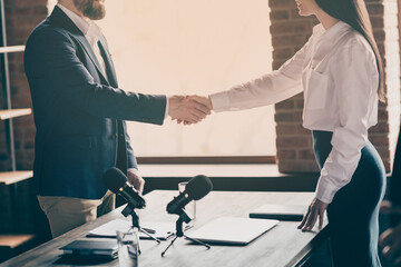 Sticker - Cropped profile photo of two people businessman business lady journalist press conference mass media shake arms greeting reportage microphone beginning office indoors