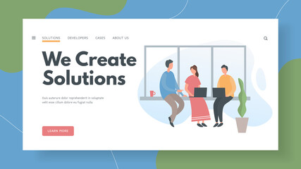 Poster - Development team creatively solve tasks of project landing page template