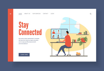 Poster - Businessman working at home staying on web communication. Male character communicates with colleagues online