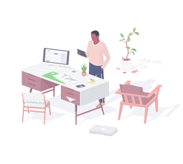 Poster - Guy works at home online realistic isometric. Male character in living room communicates with colleagues.