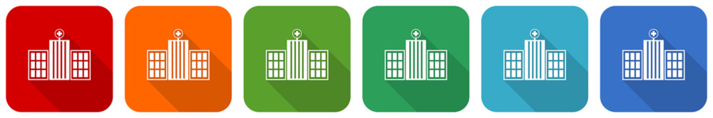 Canvas Print - Hospital building icon set, flat design vector illustration in 6 colors options for webdesign and mobile applications