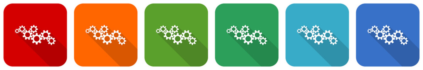 Fototapete - Cogwheel engineering icon set, flat design vector illustration in 6 colors options for webdesign and mobile applications