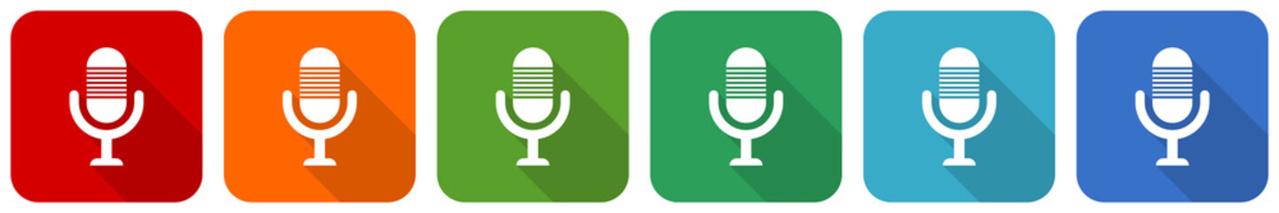 Microphone, audio, record, radio icon set, flat design vector illustration in 6 colors options for webdesign and mobile applications