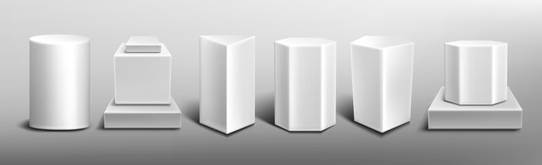 White pedestals, empty 3d stands different shapes. Vector realistic set of blank podiums for display product in showcase, exhibition object. Template of platforms for presentation