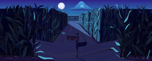 Road On Cornfield With Fork And Direction Signs At Night. Concept Of Choosing Way And Making Decision. Vector Cartoon Landscape With Tall Corn Stems, Crossroad With Pointers And Moon In Sky