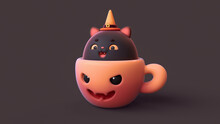 3d Digital Illustration Of Kawaii Smiling Cat In Jack-O-Lantern Orange Cup With A Scary Face, Open Mouth, Teeth On Dark Backdrop. Cute Black Kitten In Witch Hat Peeks Out From Cup. Happy Halloween.