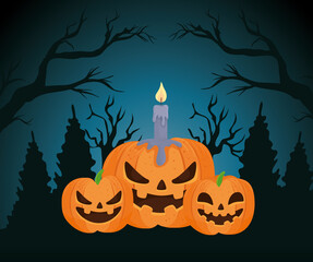 Wall Mural - happy halloween banner, pumpkins with candle on dark night vector illustration design