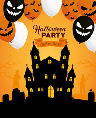 Poster - happy halloween banner with castle haunted and scary balloons helium vector illustration design