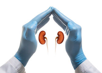 Human kidneys between two palms of hand on white isolated background. Concept of a healthy kidneys.