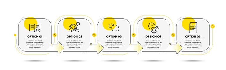 Document, Time management and Messenger line icons set. Timeline process flowchart. Technical info sign. Page file, Settings, Speech bubble. Documentation. Education set. Vector