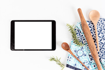 Tablet and kitchenware mock up. Online recipe application, cooking classes template