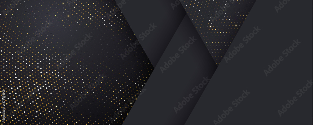 Background, black and gold halftone shine dots on geometric triangle pattern, vector. Golden confetti glitter on black gradient background, glittery polygon or 3d abstract card layout - obrazy, fototapety, plakaty 