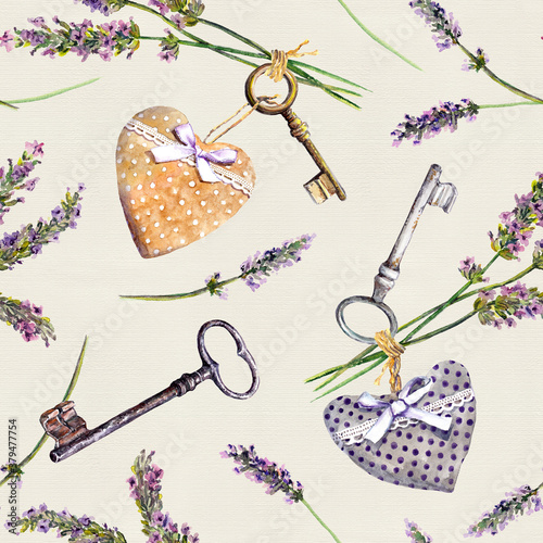 Fotografia Vintage background - lavender flowers, aged keys, textile hearts