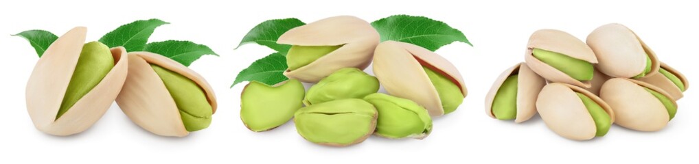 Wall Mural - pistachio with leaves isolated on white background with clipping path and full depth of field. Set r collection