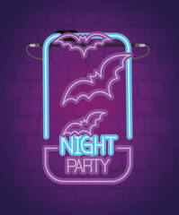 Sticker - party halloween neon sign with bats flying vector illustration design