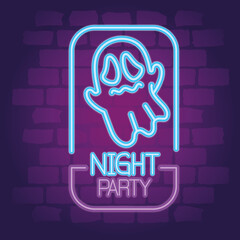 Wall Mural - party halloween neon sign with scary ghost vector illustration design