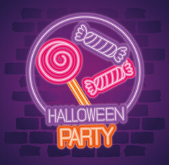 Canvas Print - party halloween neon sign with candies vector illustration design