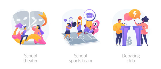 Poster - After-school activity abstract concept vector illustration set. School theater, sports team, debating club, kids drama class, speaking class, communication skill, workshop abstract metaphor.