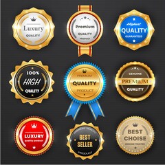 Award and quality labels isolated vector round emblems with golden frames and ribbons. Best seller, luxury product store promotion, shop special offer. Highest quality badge design icons or stamps set