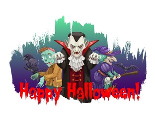 Wall Mural - Happy Halloween vector scary characters of witch on broom, vampire dracula, zombie and raven. October holiday horror night scary monsters and evil beasts, trick or treat themes cartoon spooky poster