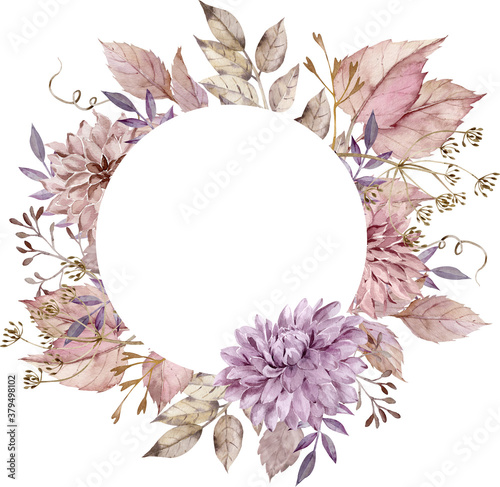 Fotografía Watercolor fall floral circle frame with blush pink leaves, dahlias and asters