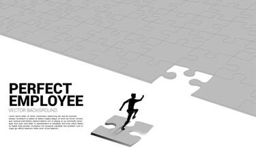 Poster - Silhouette of businessman running on final jigsaw piece. Concept of perfect recruitment. Human Resource. put the right man on the right job.