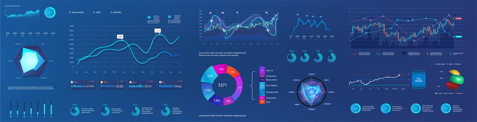 Wall Mural - Graphic and charts for user interface dashboard. Abstract futuristic neon UI, UX, KIT infographic and digital elements for admin panel HUD. Data screen with graph, ui panel and infographics. Vector