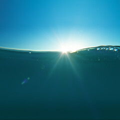 Wall Mural - sky and sea water divided by waterline. ocean aquatic nature design. tropical shining waters