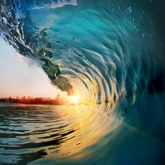 Fototapete - Beautiful ocean surfing shorebreak wave at sunset time. The sun inside of barrel