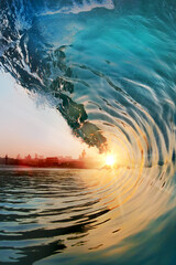 beautiful ocean surfing shorebreak wave at sunset time