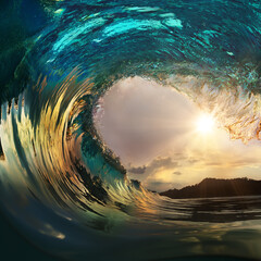 Fototapete - Beautiful ocean surfing wave at sunset beach