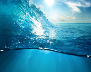 Wall Mural - ocean view design template with underwater part and sunset skylight