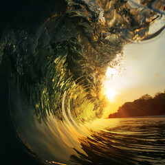 Fototapete - rough colored ocean wave falling down at sunset time