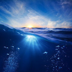Wall Mural - design template with underwater part and sunset skylight splitted by waterline