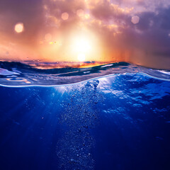 Wall Mural - design template with underwater part and sunset skylight splitted by waterline