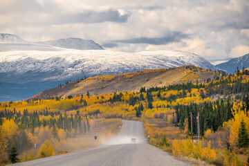 Stunning Haines Junction located in the northern Yukon Territory, Canada. Taken in the autumn with stunning yellow fall colored and snow capped mountains. 