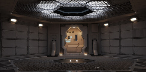 Futuristic back drop sci fi corridor room with lighted accents. 3d rendering.