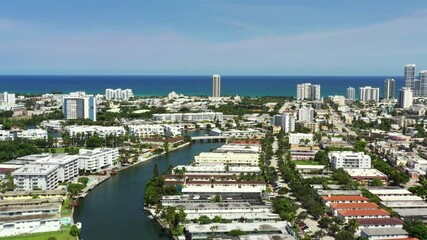 Wall Mural - Aerial push in shot Miami Beach condominiums and apartments waterfront 4k