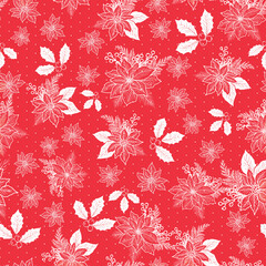 Wall Mural - seamless christmas pattern with poinsettia, holly, mistletoe and berries on red background with polk