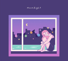 Wall Mural - A girl is sitting by the window, hugging her legs. City night scenery outside the window.