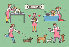 Dogs And Volunteers At Abandoned Dog Shelters. Flat Design Style Minimal Vector Illustration.