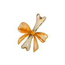 Watercolor Illustration Of A Bone With An Orange Bow