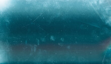 Scratched Ice Background. Aged Glass Texture. Teal Blue Old Window Effect Overlay With Dust.