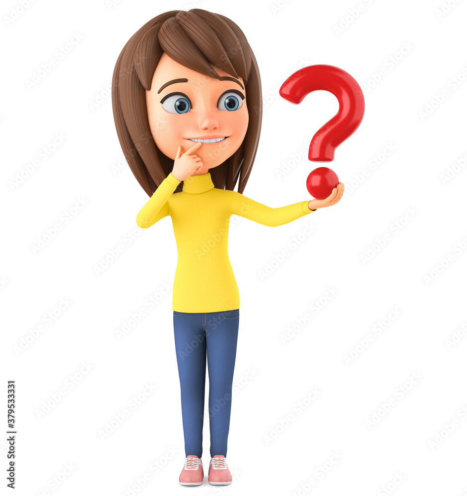 Cheerful smiling cartoon character girl holding a question mark on a white  background. 3d render illustration for advertising. Stock Illustration |  Adobe Stock, image size:941x1000
