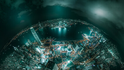Fototapete - Top view aerial photo from flying drone of a developed metropolitan city in Hong Kong with office skyscrapers.