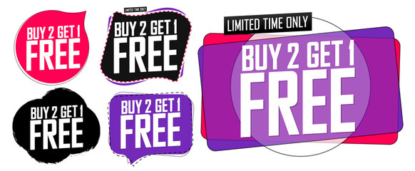 Buy 2 Get 1 Free, Set Sale banners design template, discount tags collection, great offer, vector illustration