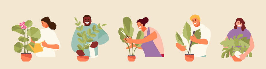 People gardeners caring for houseplants. Home garden hobby vector illustration