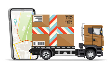 Sticker - Delivery van with box and smartphone with navigation app. Express delivering services commercial truck. Concept of fast and free delivery by car. Cargo and logistic. Cartoon flat vector illustration