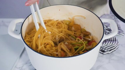 Sticker - Step by step. Cooking on pot pasta recipe in an enameled cast iron dutch oven.