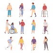 People with disabilities injuries set. Female character modern prosthetic arm nurse driving girl in wheelchair male characters running with leg prostheses blind woman walking. Cartoon vector support.